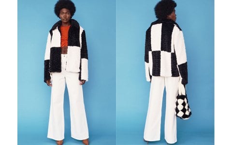Black Faux Shearling Checkered Oversized Coat