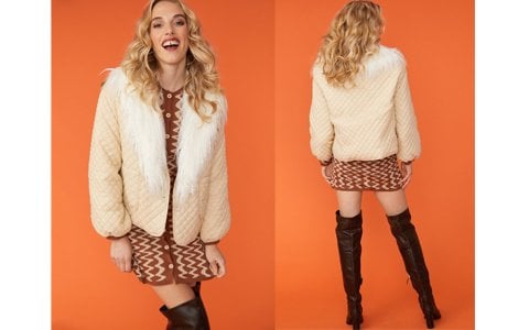 Cream Puffer Coat with Mongolian Fur Collar
