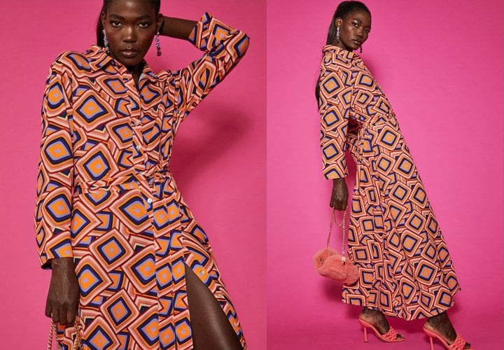 Silk Blend Maxi Shirt Dress in Geometric Print