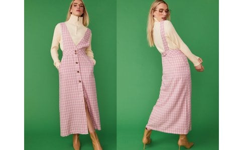 Pink Check Print Maxi Pinafore Dress