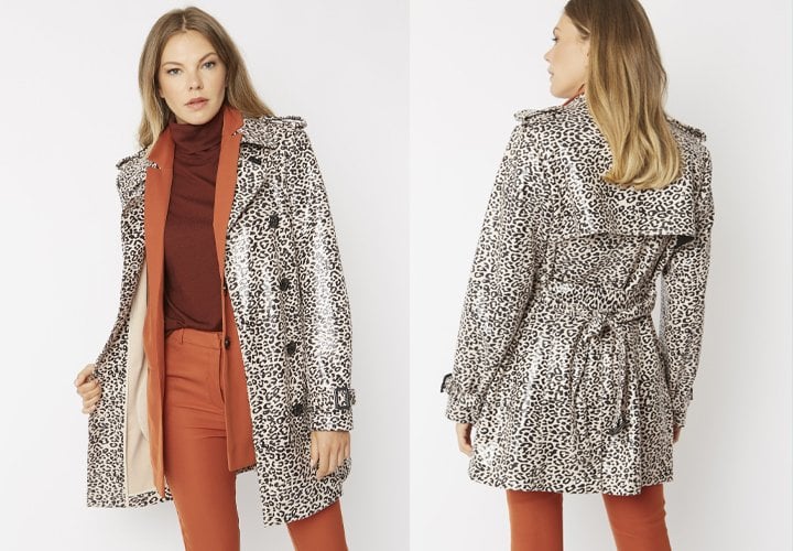 Black Faux Suede Animal Print Trench Coat