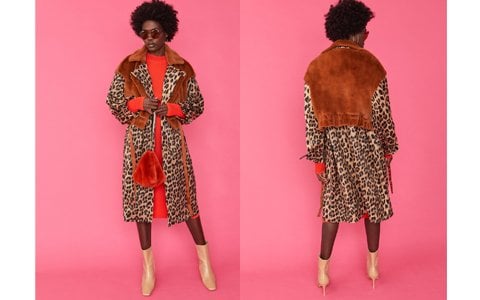 Leopard Print Faux Suede & Faux Cashmere Fur Trench Coat