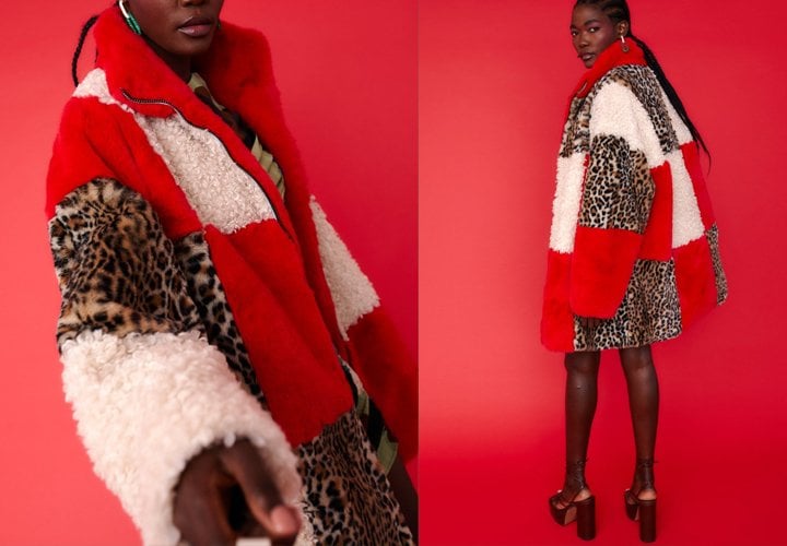 Midi Checkered Leopard Print and Shearling Faux Fur Coat