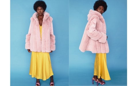 Pink Faux Fur and Faux Leather Panelled Coat
