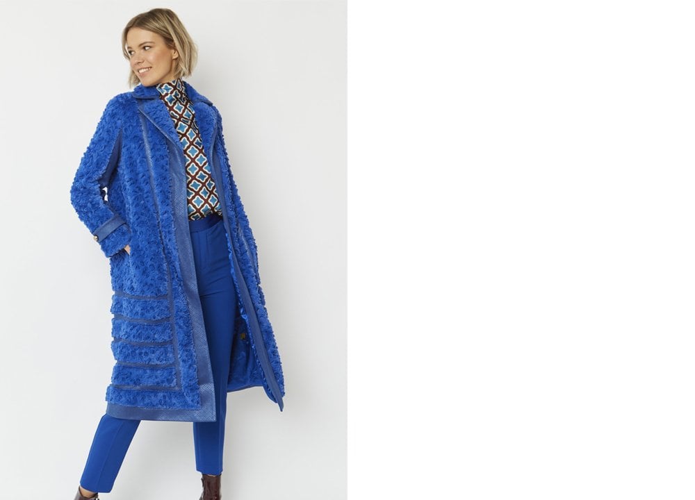 Blue Faux Suede Coat with Faux Fur Panelled Trench Coat