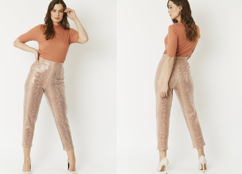 Pink Snakeskin Effect Animal Print Faux Suede Trousers