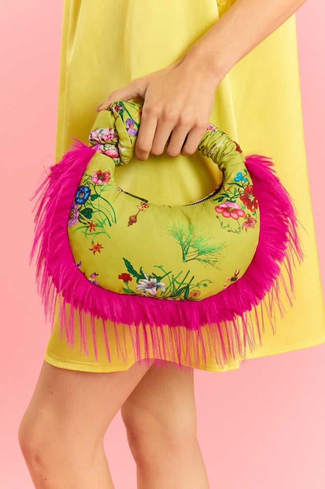 JAYLEY Bamboo Faux Fur Trim Floral Bag