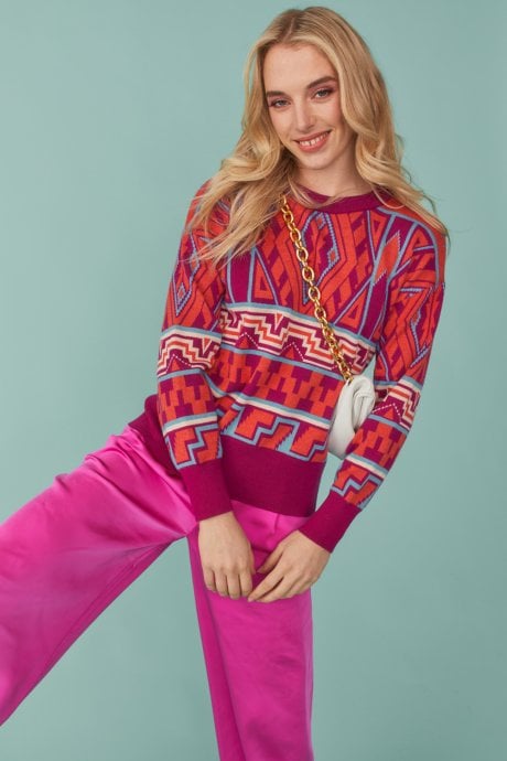 Banana peel Cashmere Blend Geo Print Jumper in pink and red