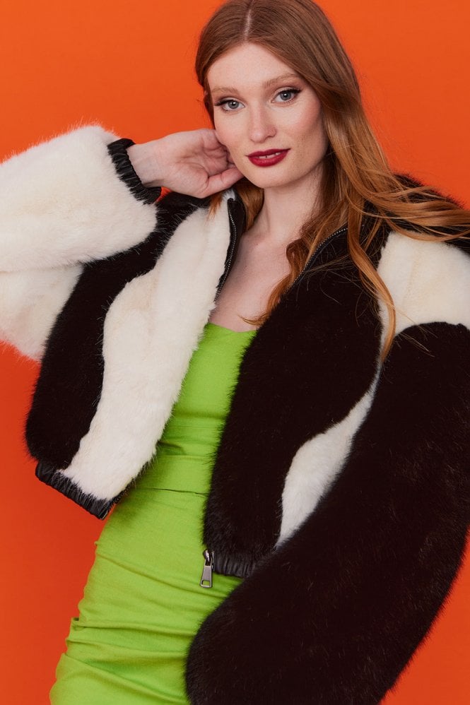 JAYLEY Black and White Faux Fur Two Tone Jacket
