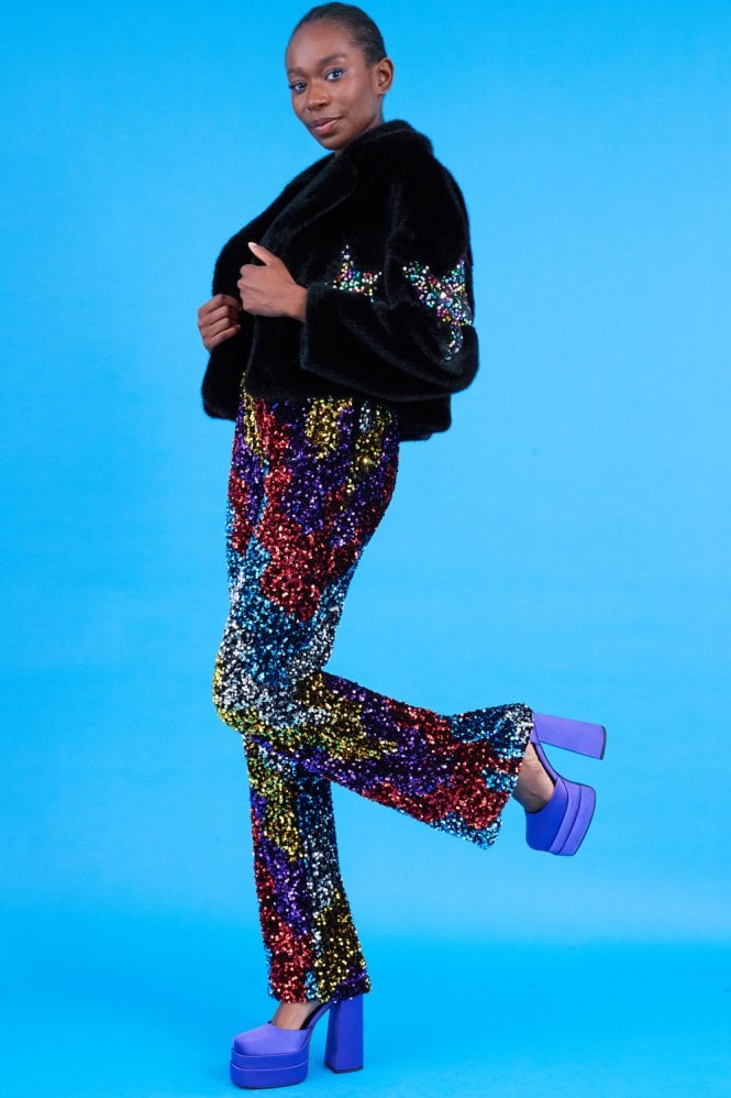 JAYLEY Black Bamboo Faux Fur Sequins Star Jacket
