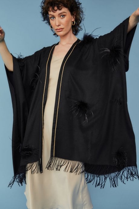 Black Cashmere Wrap with Feathers