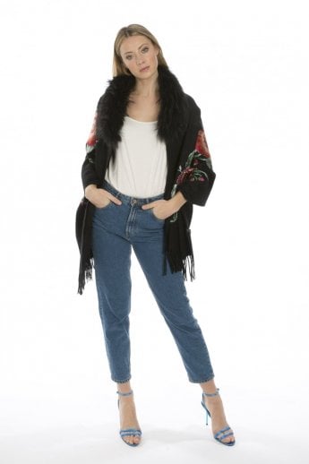 Black Cashmere Wrap with Fur Collar