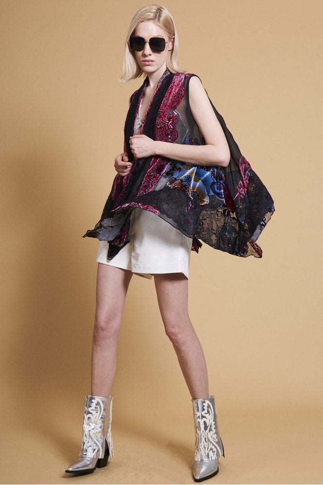 JAYLEY Black Devore Sleeveless Open Front Kaftan with Lace Details