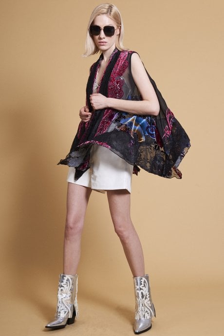 Black Devore Sleeveless Open Front Kaftan with Lace Details