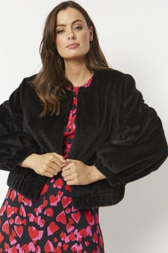 Black Faux Fur Cropped Jacket with Puff Sleeves