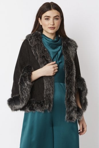 Black Faux Fur Faux Suede Cape Jacket