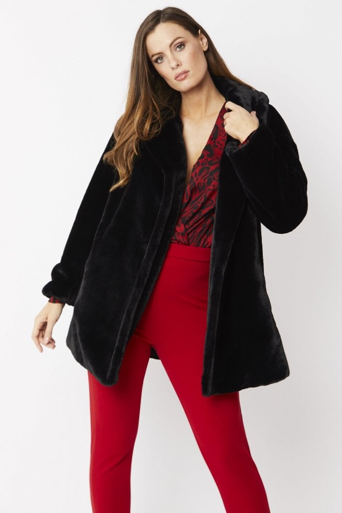 JAYLEY Black Faux Fur Midi Coat