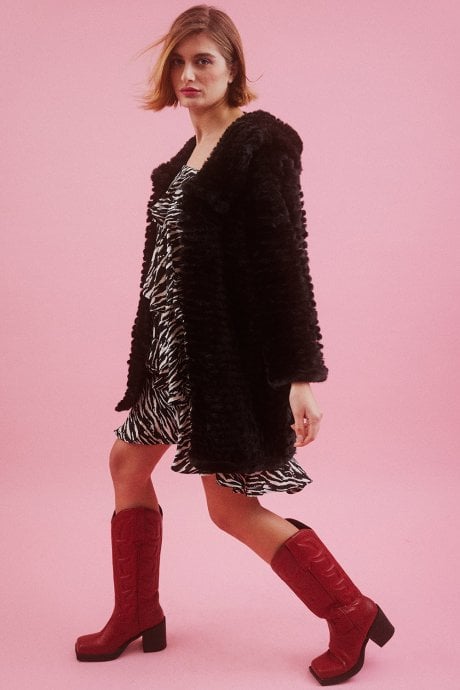 Black  Faux Mink Fur Hooded Coat