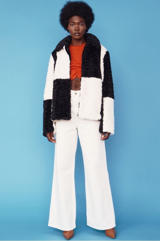 JAYLEY Black Faux Shearling Checkered Oversized Coat