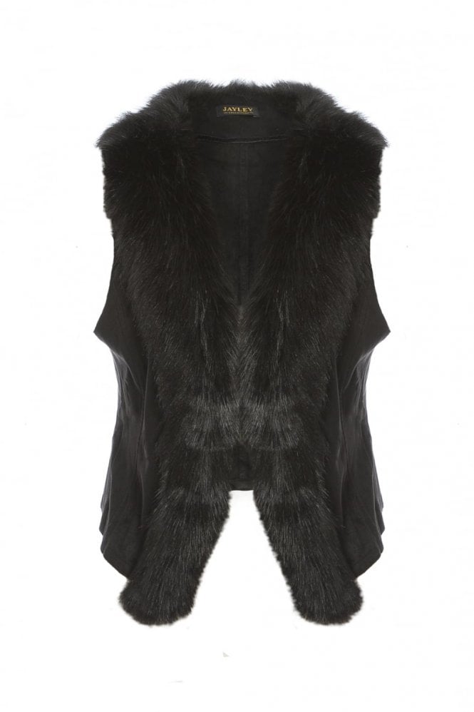JAYLEY Black Faux Suede Gilet | Waistcoat with Faux Fur Collar