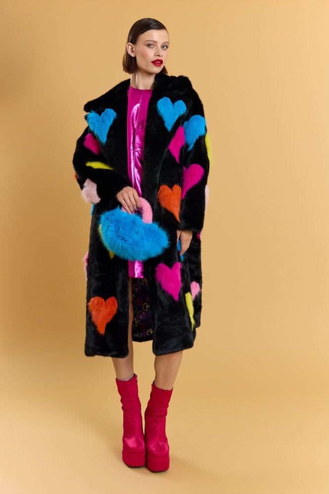 JAYLEY Black Hand Craft Love Heart Bamboo Faux Fur Coat 