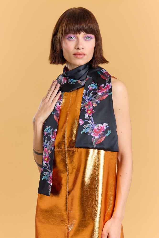JAYLEY Black Silk Blend Black Floral Long Scarf