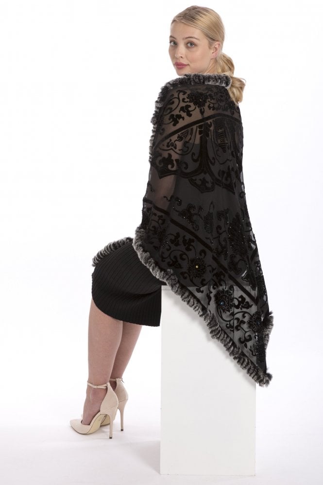 JAYLEY Black Silk Devore and Fur Wrap