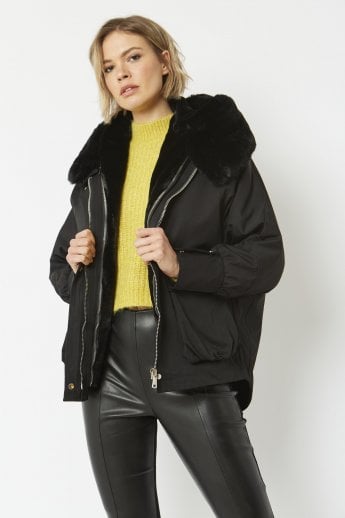 Black Three in One Faux Fur Parka Coat