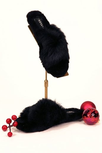 Black Unisex Coney Fur Slippers