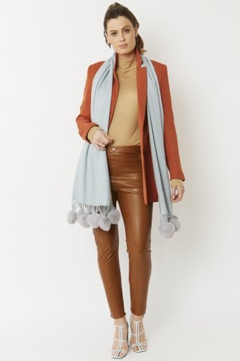 Blue Cashmere Blend Wrap with Faux Fur Heart Poms
