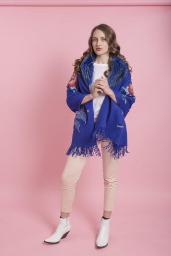 Blue Cashmere Wrap with Fur Collar