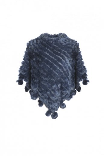 Blue Coney Fur Poncho with Pom Poms