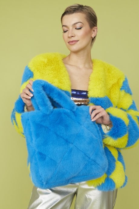 Blue Faux Fur Diamond Stitch Tote Bag