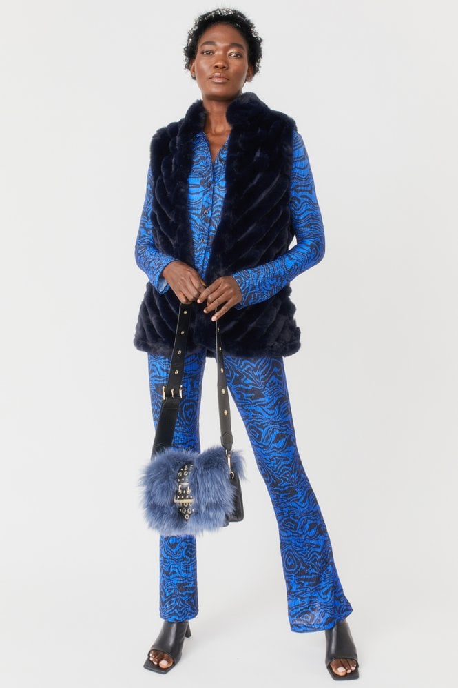 JAYLEY Blue Faux Fur Faux Suede Diagonal Stripe Gilet