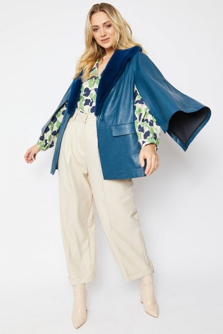 Blue Faux Leather Cape Jacket Detachable Collar
