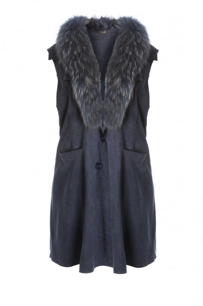 JAYLEY Blue Faux Suede Fox Fur Collar Gilet