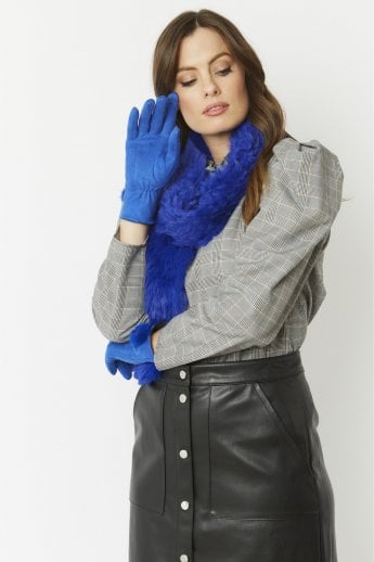 Blue Faux Suede Gloves With Faux Fur Pom