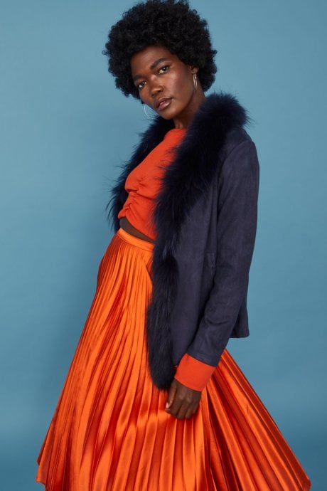 Blue Faux Suede Jacket with Fox Fur Collar Edging