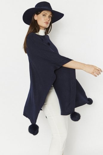 Blue Fine Knit Cashmere Blend Pom Pom Poncho