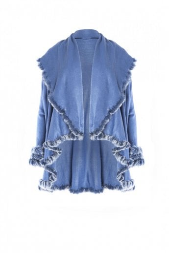 Blue Fine Knit Sleeved Cape Jacket with Coney Fur Trim