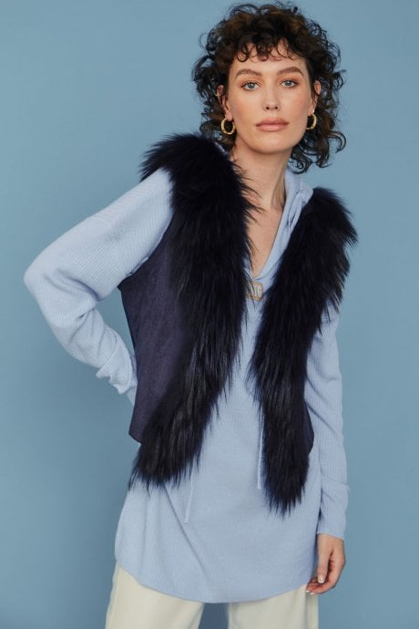 Blue Fox Fur and Faux Suede Gilet