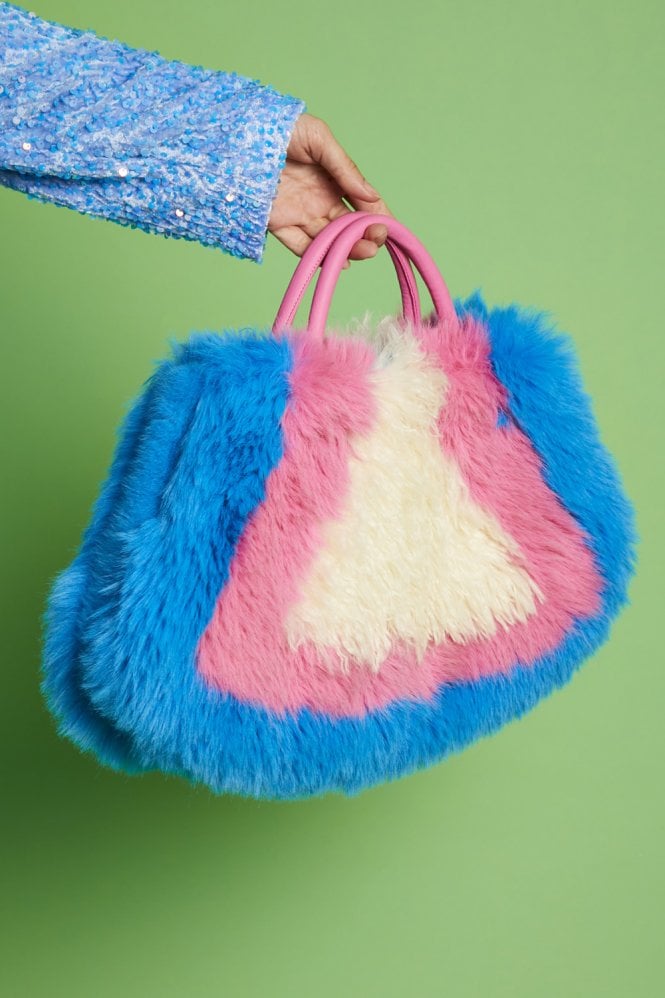 JAYLEY Blue Hand Crafted Eco Bamboo Faux Fur Bag