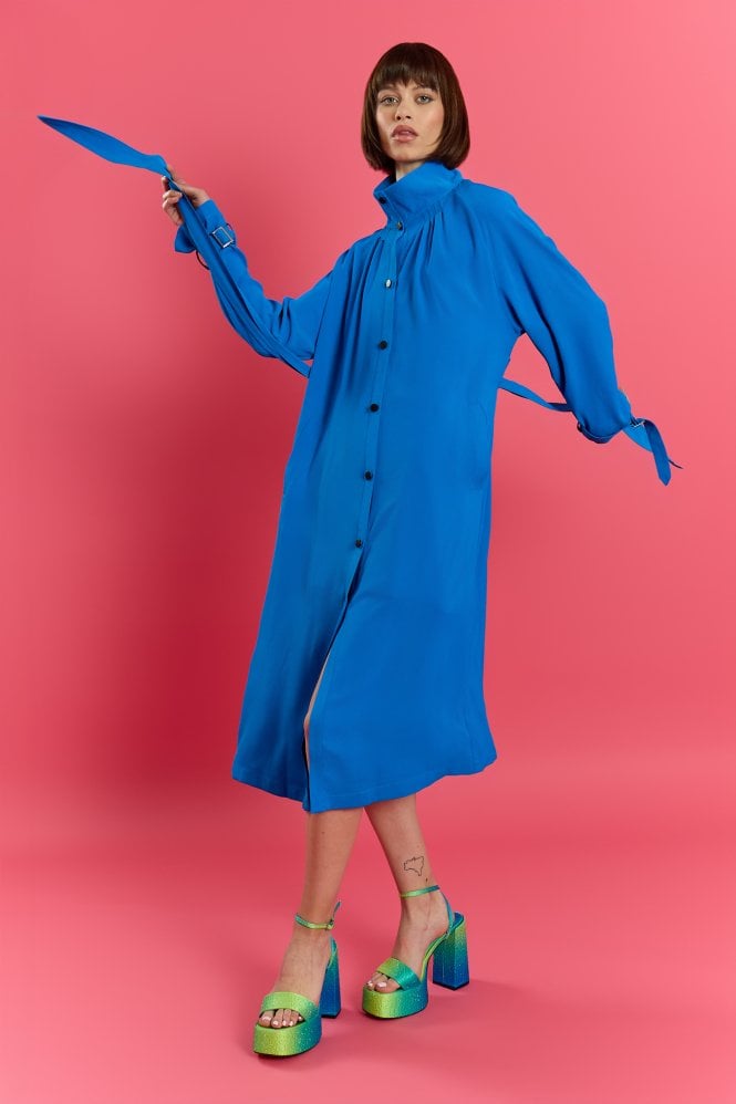 JAYLEY Blue Hemp Lyocell Blend Turtleneck Trench Dress 