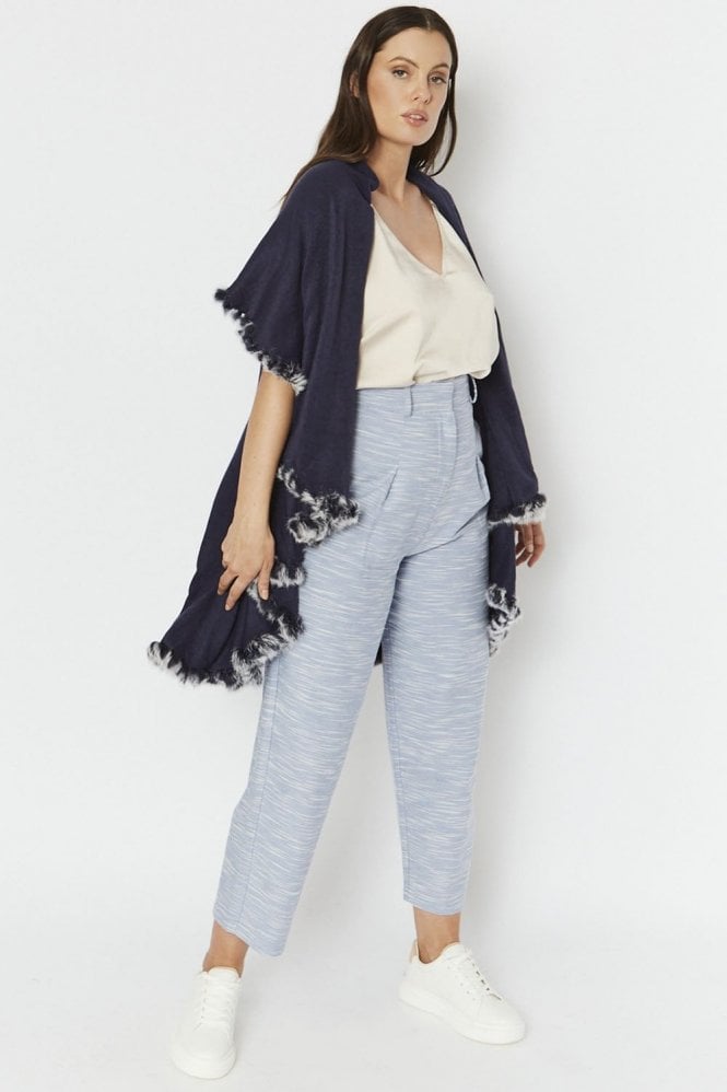 JAYLEY Blue Knitted Cape with Coney Fur Trim