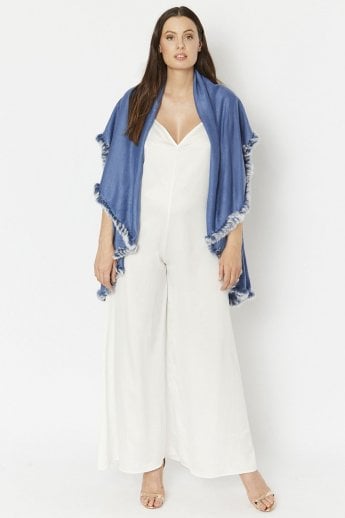 Blue Knitted Cape with Coney Fur Trim