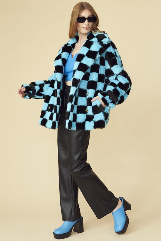 JAYLEY Blue Knitted Faux Fur Check Coat