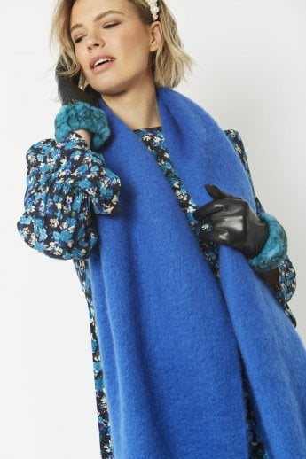 Blue Leather Gloves With Faux Fur Trim