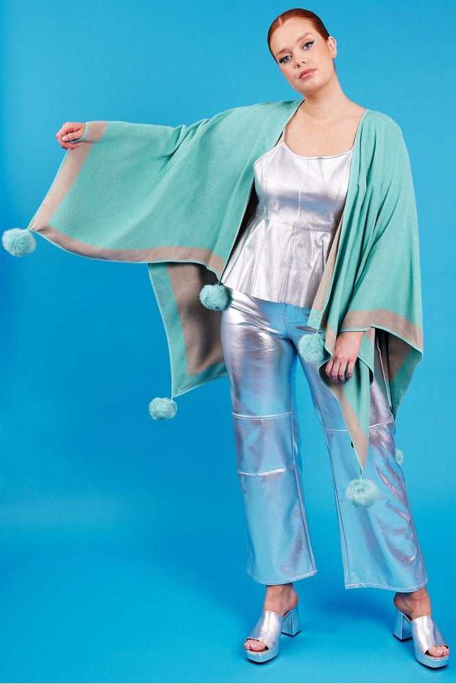 JAYLEY Blue Luxury Reversible Cashmere Blend Pom Pom Wrap