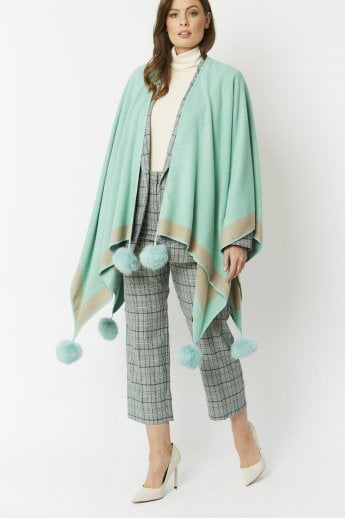 Blue Luxury Reversible Cashmere Blend Pom Pom Wrap