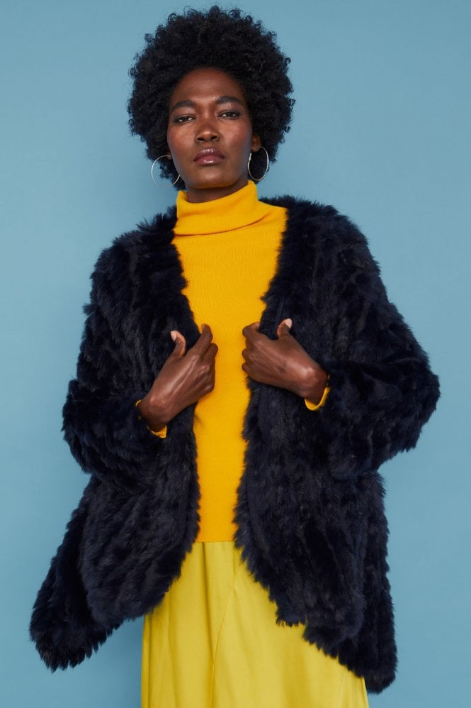 JAYLEY Blue Mid Length Asymmetrical Coney Fur Jacket